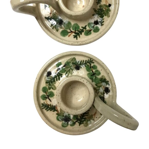 Signed Floral Ceramic Candlestick Holders Pair Cottagecore Vintage Farmhouse - Picture 3 of 6